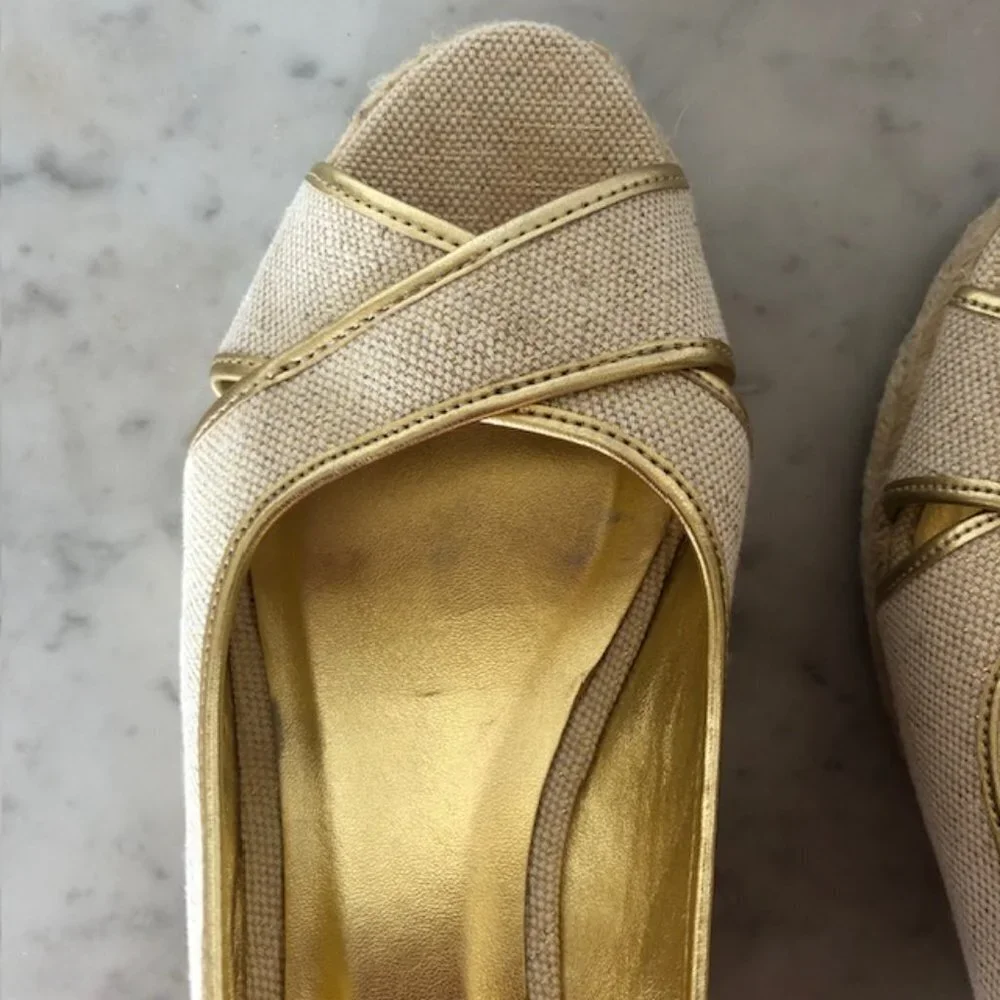 TALBOTS Linen Gold Cross Toe Jute Slingback Wedge Sandals 9 1/2M